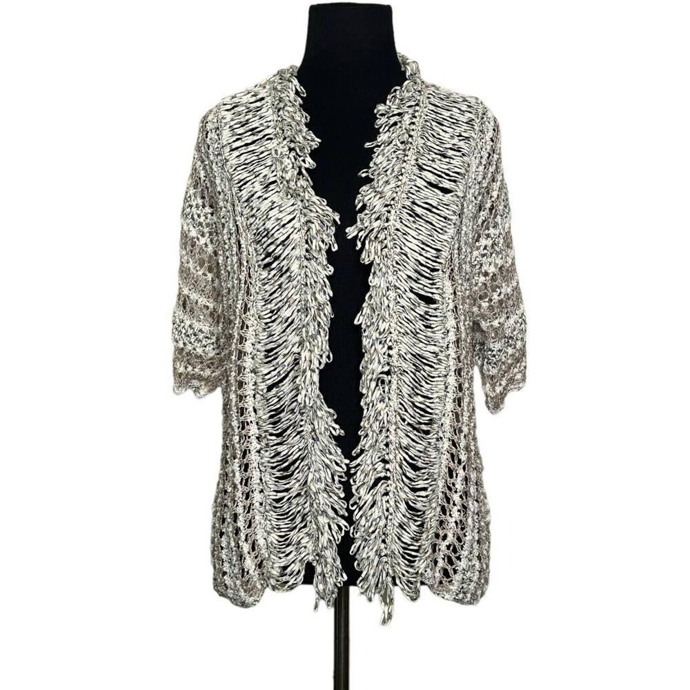 Chico's Madelyn Fringe Beige Open Front Crochet Cardigan size 0/S